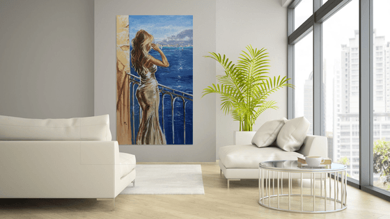 " GARDA VIEW WITH GIRL DRINKING CHAMPAGNE "