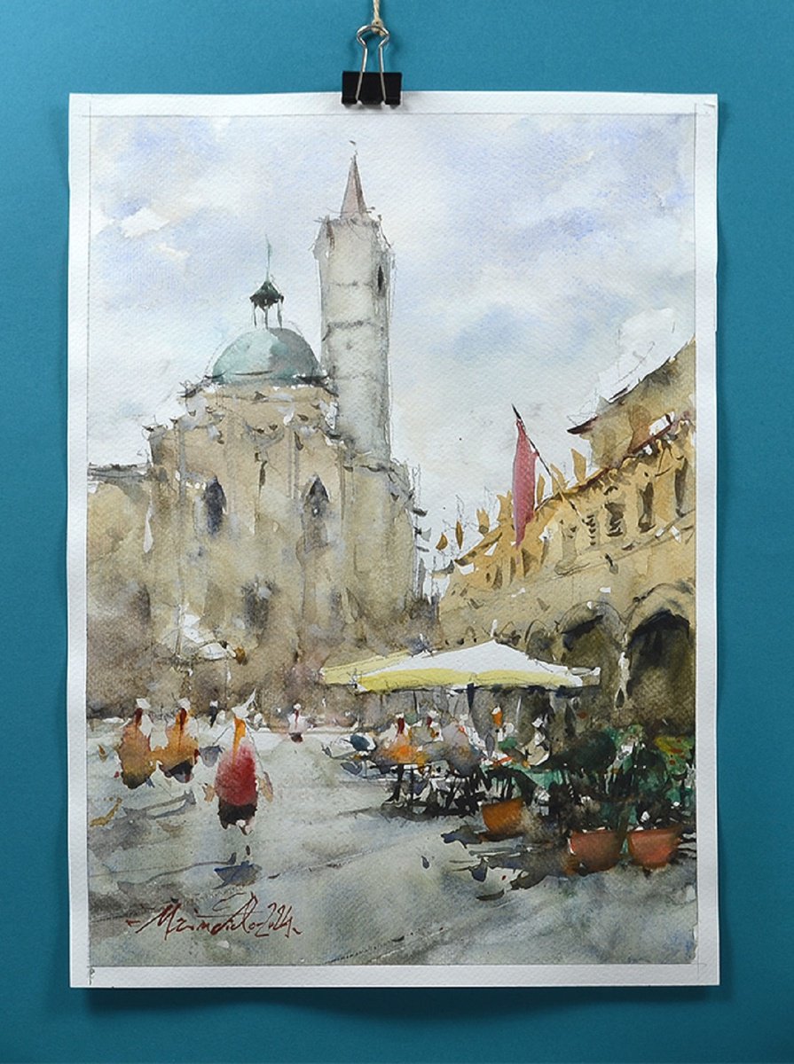 Ascoli Piceno Watercolor Landscape. by Marin Victor