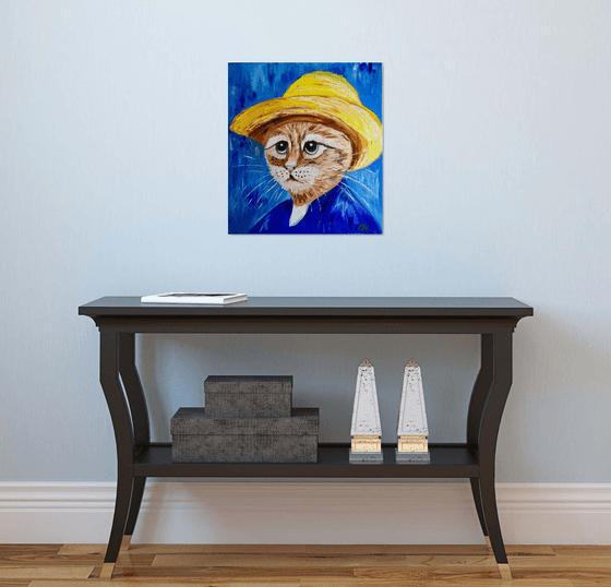 Cat La Van Gogh in a straw hat modern oil painting feline art Van Gogh influence art for animal lovers