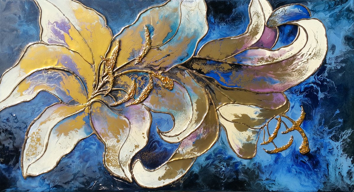 Organic Botanical Painting By Viktoria Lapteva, 33 X 18", Lilies, Original Artwork