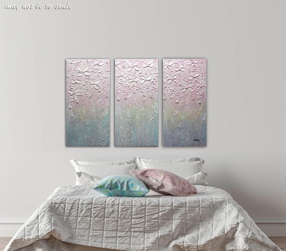 Pink Blossom - Textured Floral Art, Pink Blue Triptych of Flowers