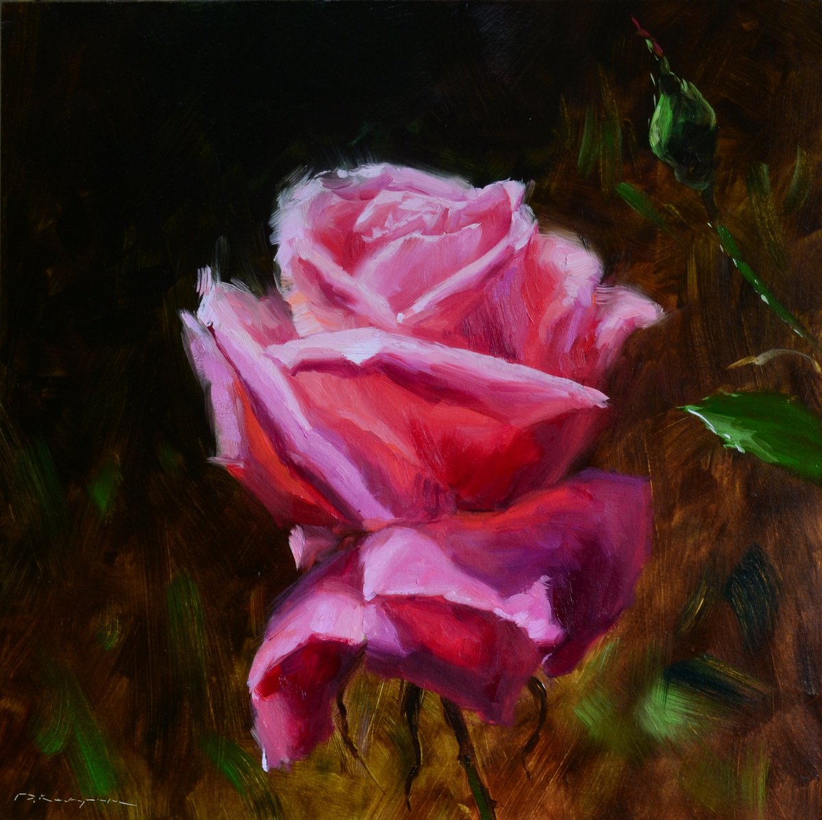 Impressionistic Botanical Oil Painting By Ruslan Kiprych, 16 X 16", Pink Rose, Original Artwork