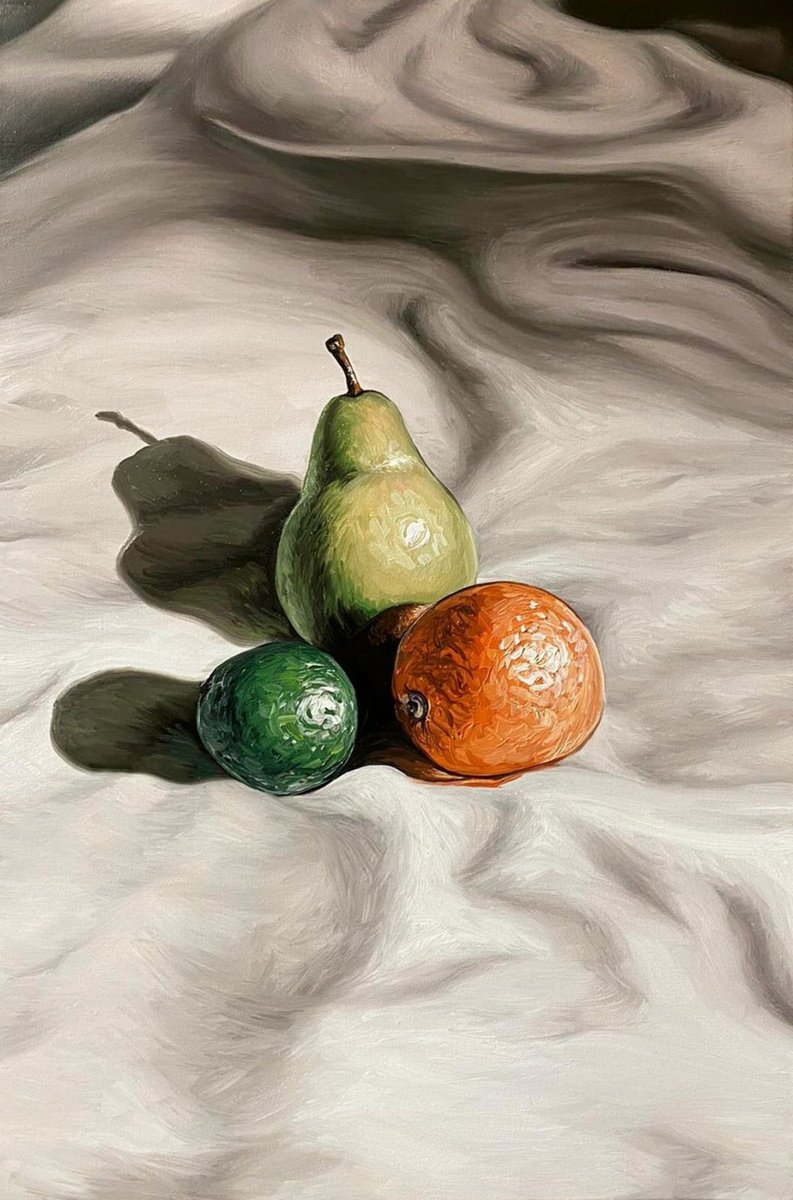 Photorealistic Still Life Oil Painting By Elena Adele Dmitrenko, 16 X 24, Pear, Lime And Orange, Original Artwork
