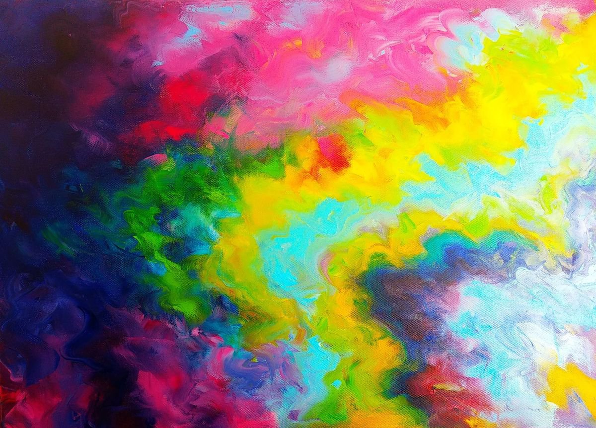 Abstract Art Colourful Expressive Painting Rainbow Waves Blue Pink Yellow Red by Anastasia Art Line