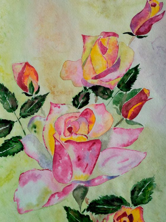 Roses Painting Floral Original Art Flowers Watercolor Artwork Small Wall Art 12 by 17"by Halyna Kirichenko