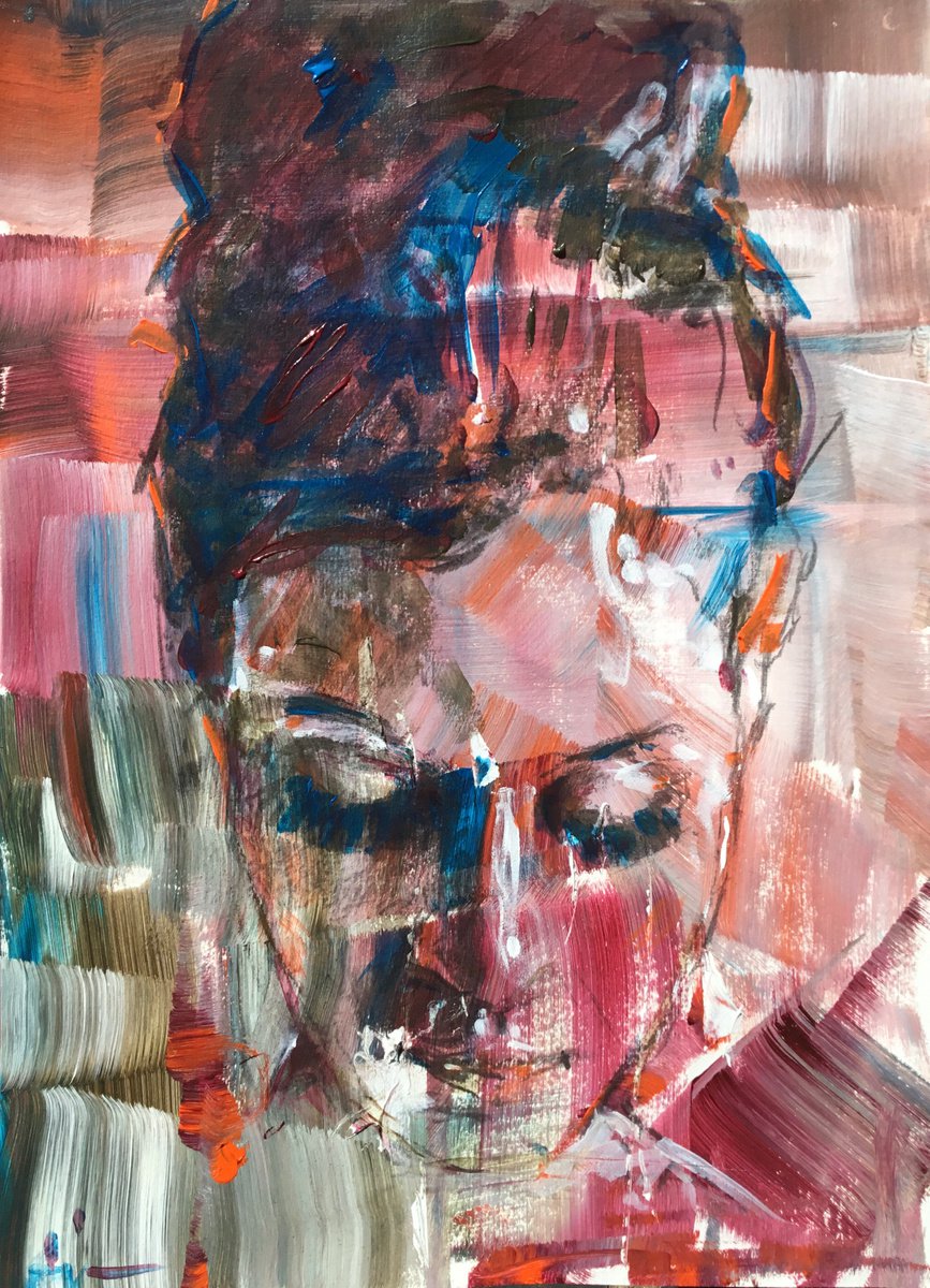 Expressive Portrait Acrylic Painting By Dominique Deve, 11 X 17, Au Bazar, Original Artwork