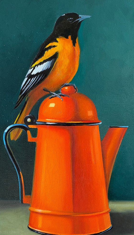 Still life with bird and kettle (24x35cm, oil painting, ready to hang)