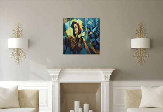 Midnight (80x80cm, cubism, oil painting, ready to hang)