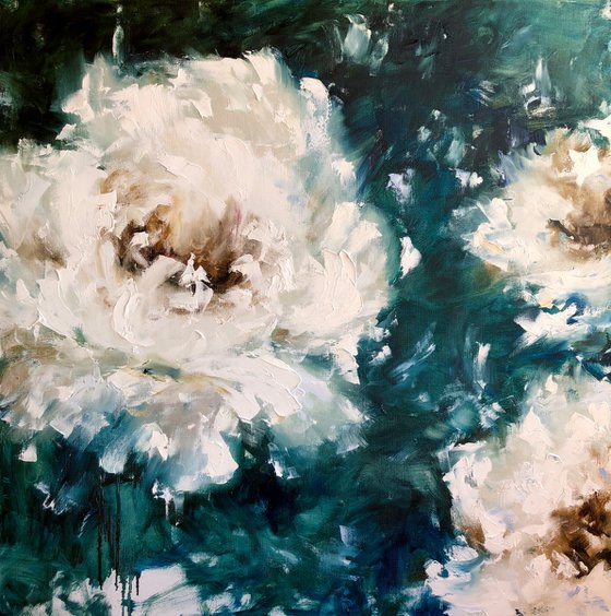 WHITE PEONIES - Abstract peonies. Flowers 3d. White flowers. Thin petals. Malachite. Bright colors.