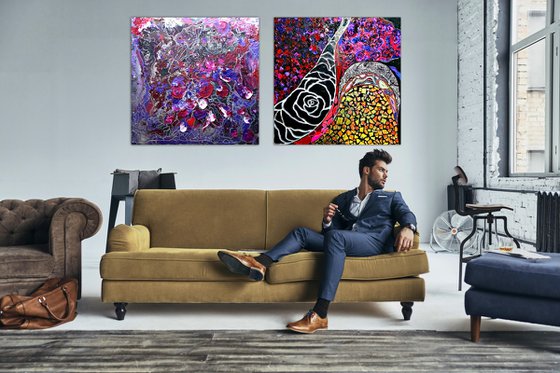 2 pieces 200х100 cm Abstract paintings large wall art black burgundy lilac relief diptych