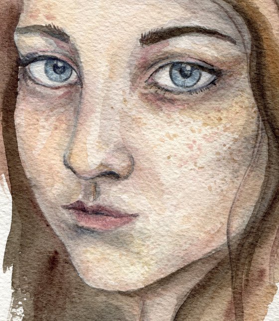 Watercolor portrait of girl with blue eyes