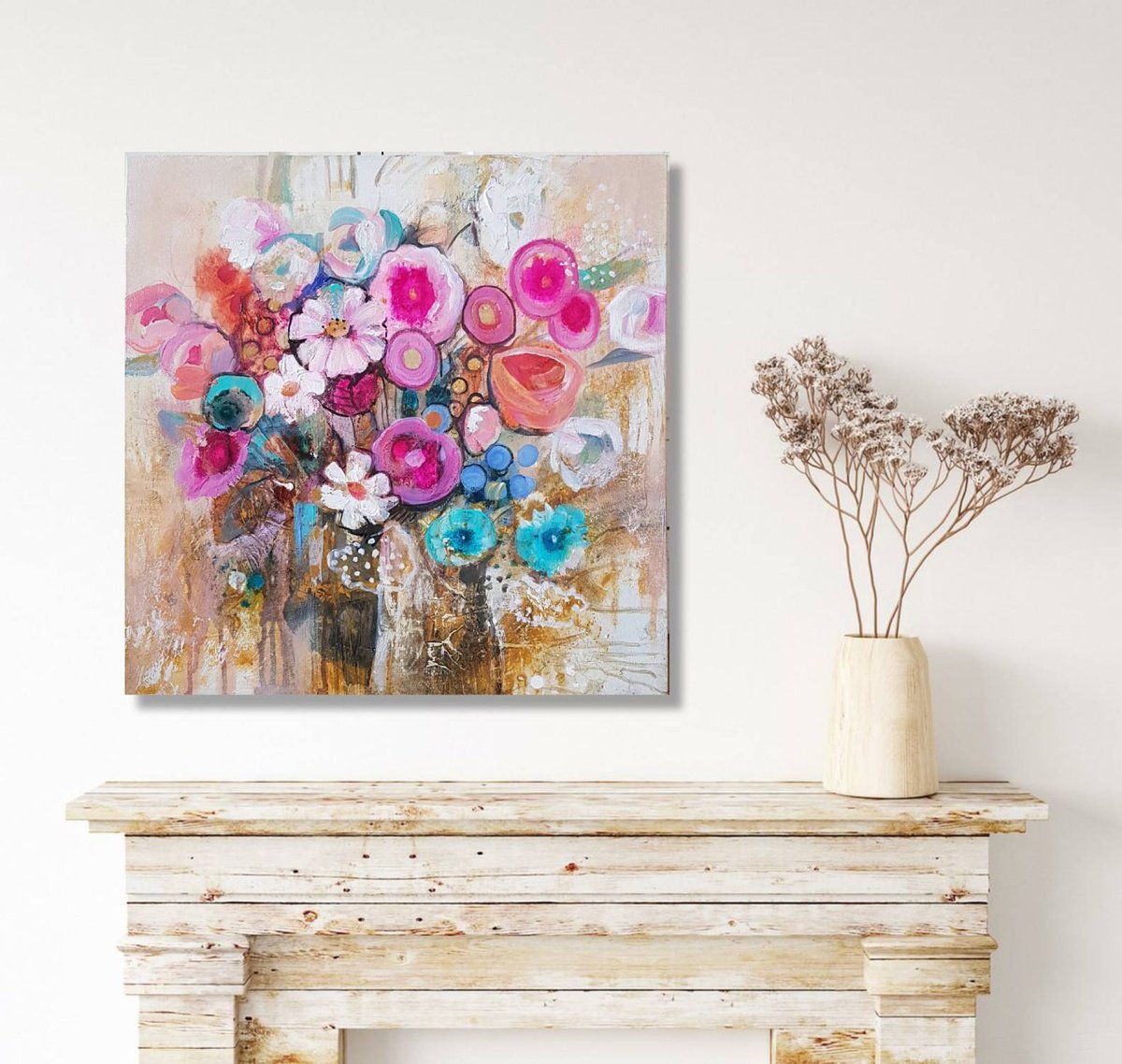 Expressive Cityscapes Acrylic Painting By Olga Lomax, 20 X 20", Dreamscape Bouquet, Original Artwork