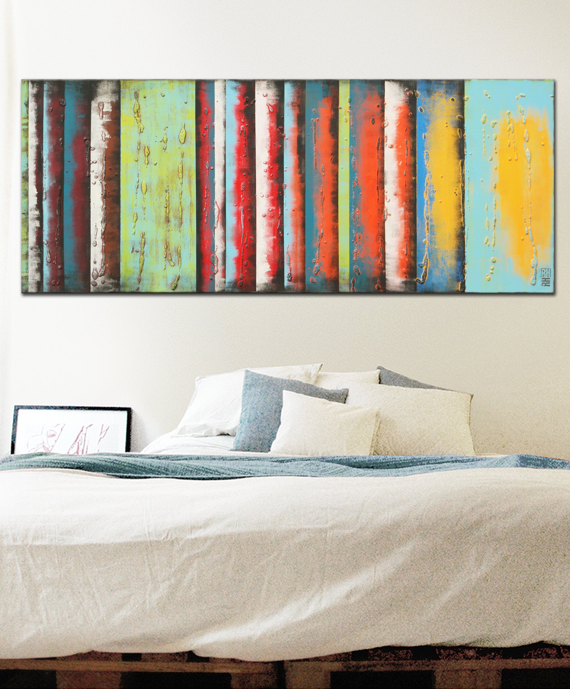 Abstract Acrylic Painting By Ronald Hunter, 59 X 24", Yellow Panels, Original Artwork