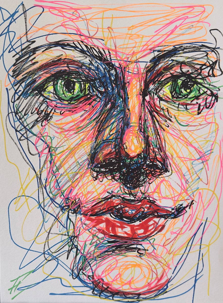 Urban And Pop Portrait Drawing By Nikola Gulev, 12 X 17", "Tangles Of Emotion", Original Artwork