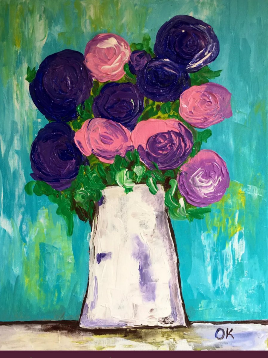Impressionistic Botanical Acrylic Painting By Olga Koval, 14 X 18", Roses Purple #7, Original Artwork