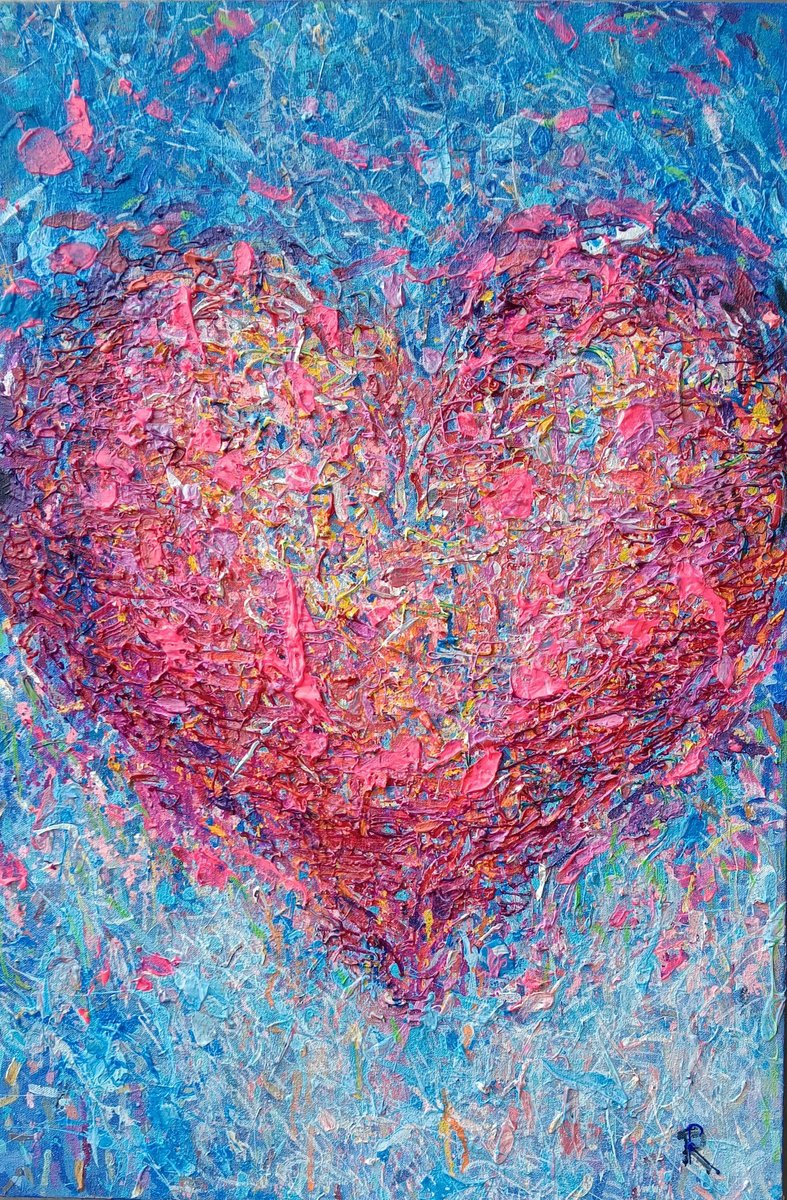 Expressive Abstract Acrylic Painting By Ruslan Khais, 24 X 36", Mfv. Blue And Pink, Original Artwork