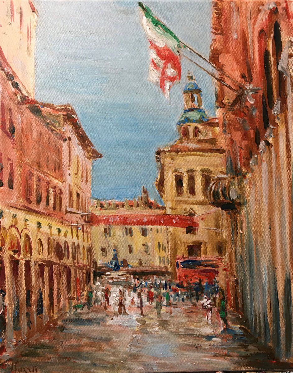 Impressionistic Cityscapes Acrylic Painting By Altin Furxhi, 16 X 20, Red Bologna., Original Artwork