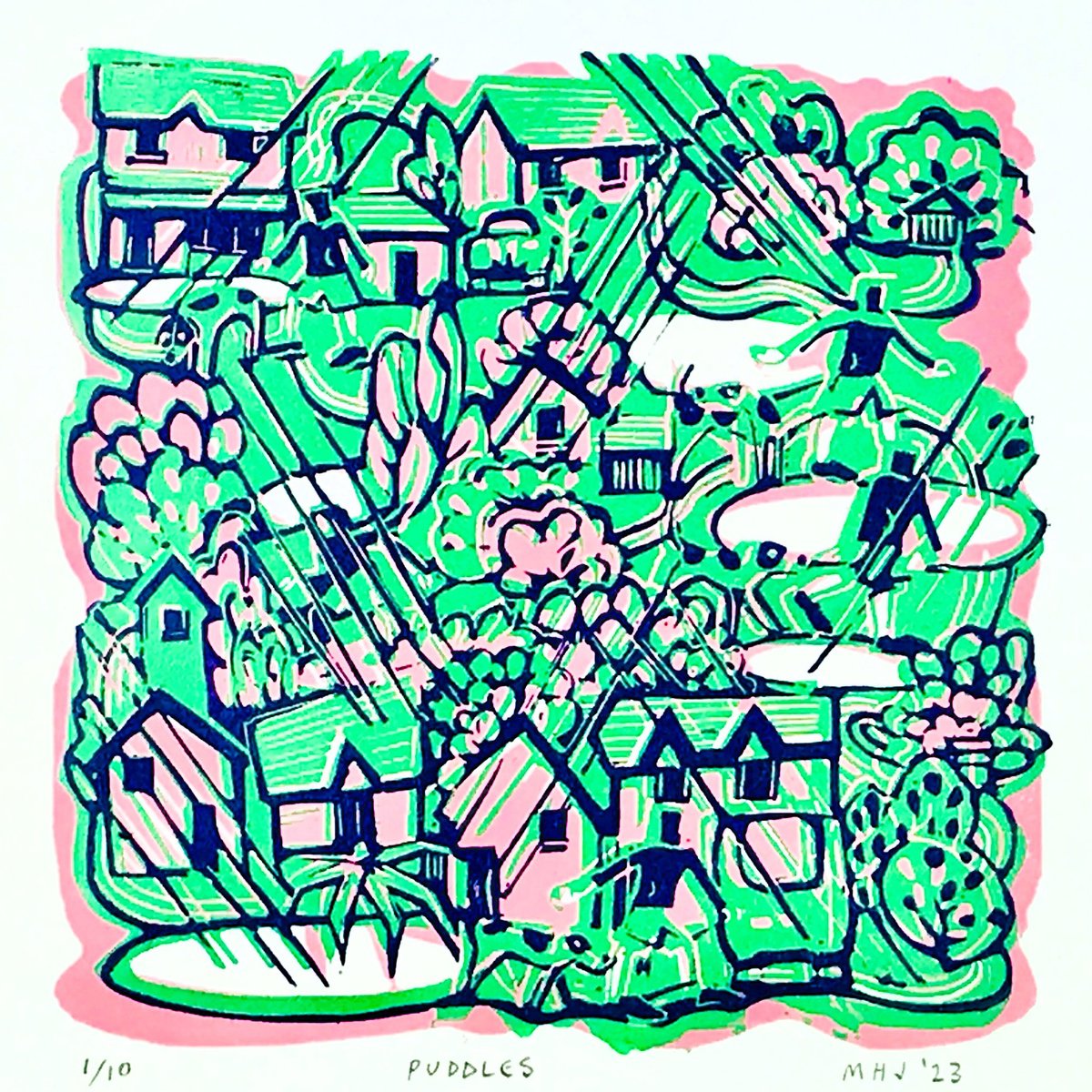 Graphic Cityscapes Linocut By Mark Howard Jones, 8 X 8", Puddles, Original Artwork