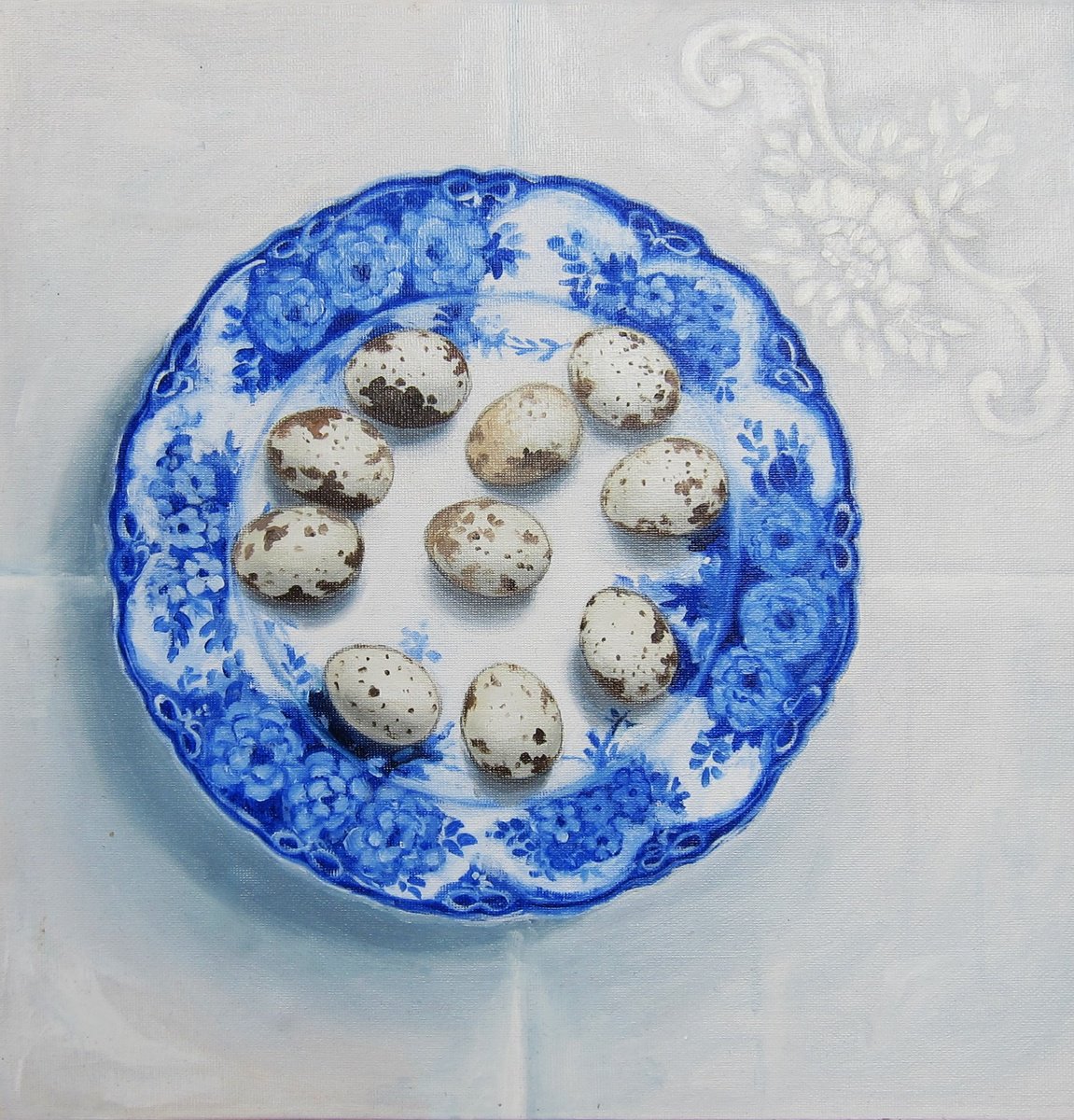 Still Life Oil Painting By Sophie Colmer-Stocker, 12 X 12", Quails Eggs On Linen, Original Artwork