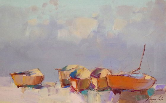 Rowboats, Seascape Original oil painting, Handmade artwork, One of a kind