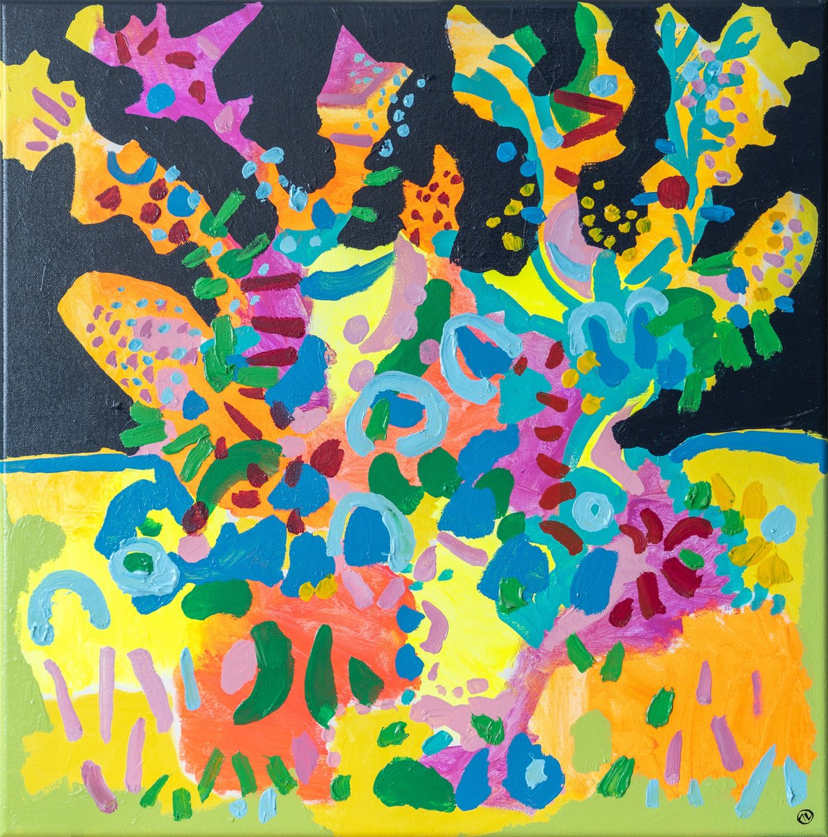 Organic Botanical Acrylic Painting By Joseph Villanueva, 24 X 24", Vivid Garden 4 (Av Art), Original Artwork