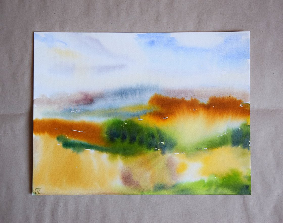 Abstract landscape original watercolor painting, wet in wet