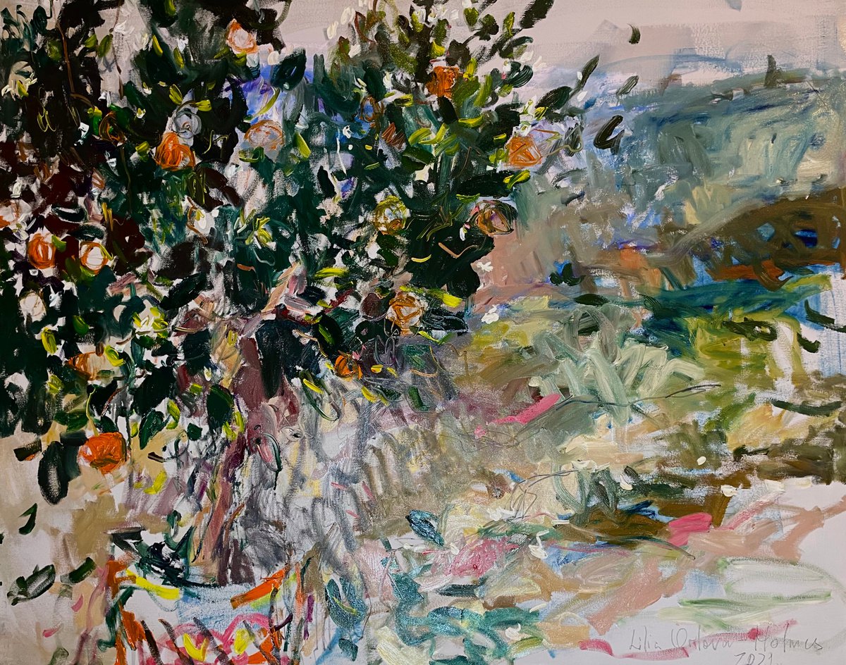 Expressive Landscape Oil Painting By Lilia Orlova-Holmes, 59 X 47", Chinotto From Sicily, Original Artwork