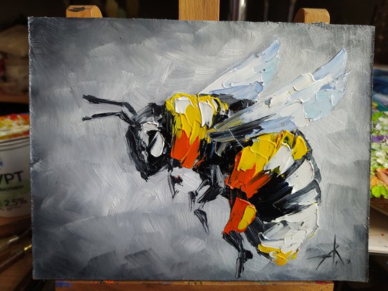 Bumblebee life - insects, oil painting, bumblebee, bumblebee oil, painting, gift, gift idea