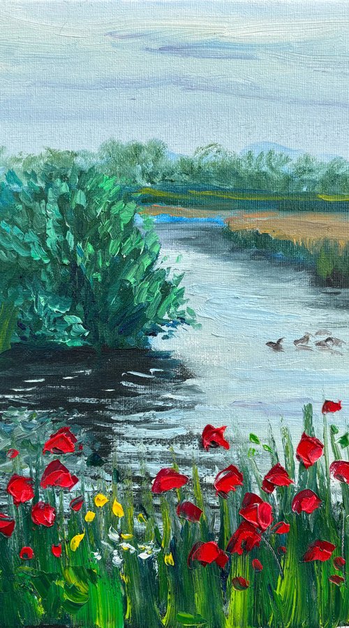 Red poppies by the water. Pleinair painting by Dmitry Fedorov