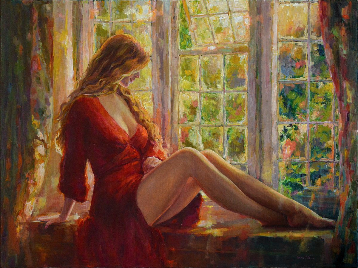 Impressionistic Portrait Oil Painting By Vachagan Manukyan, 31 X 24", At The Window, Summer, Original Artwork