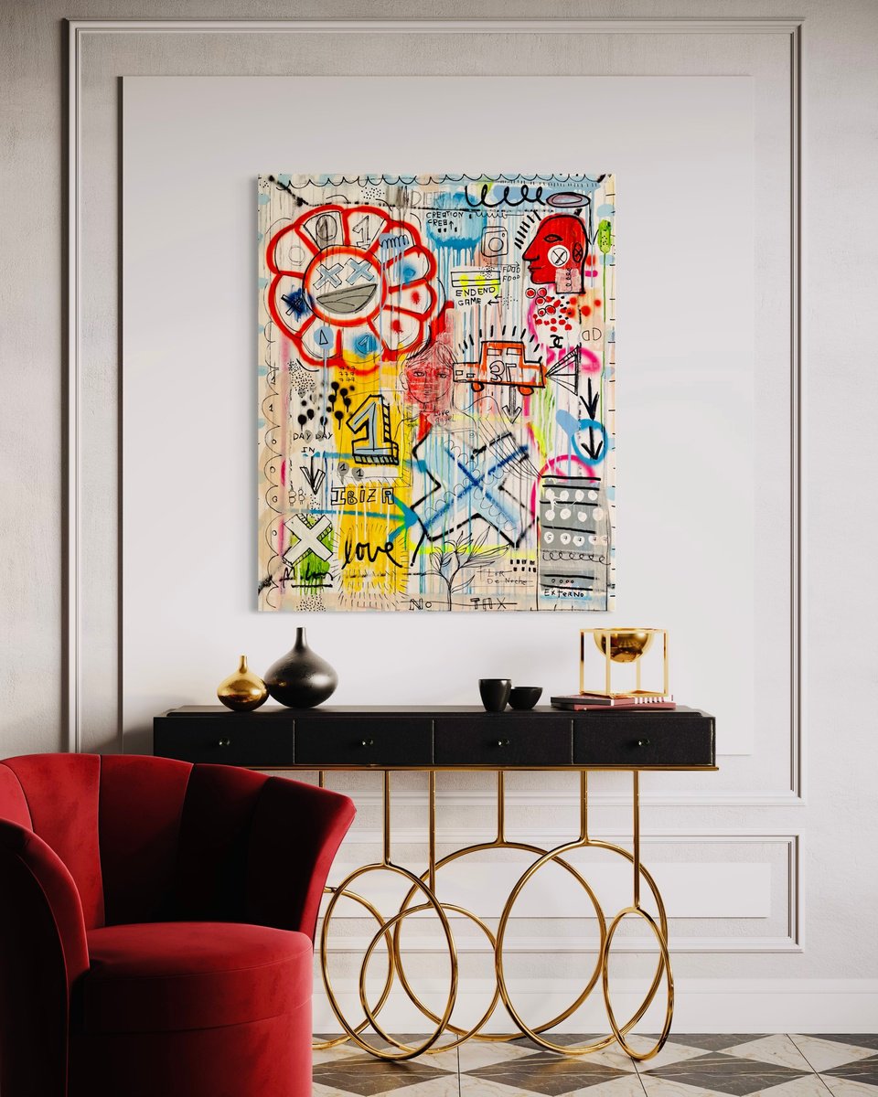 Urban And Pop Abstract Acrylic Painting By Mercedes Lagunas, 31 X 39", Flor De Noche, Original Artwork