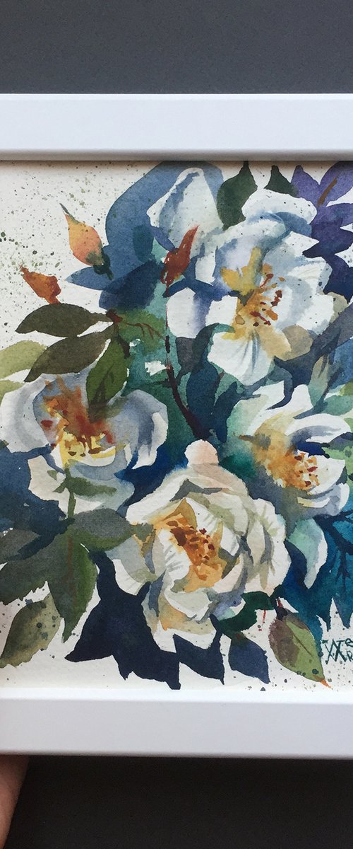 "White rosehip", a miniature painting of flowers. by Natalia Veyner