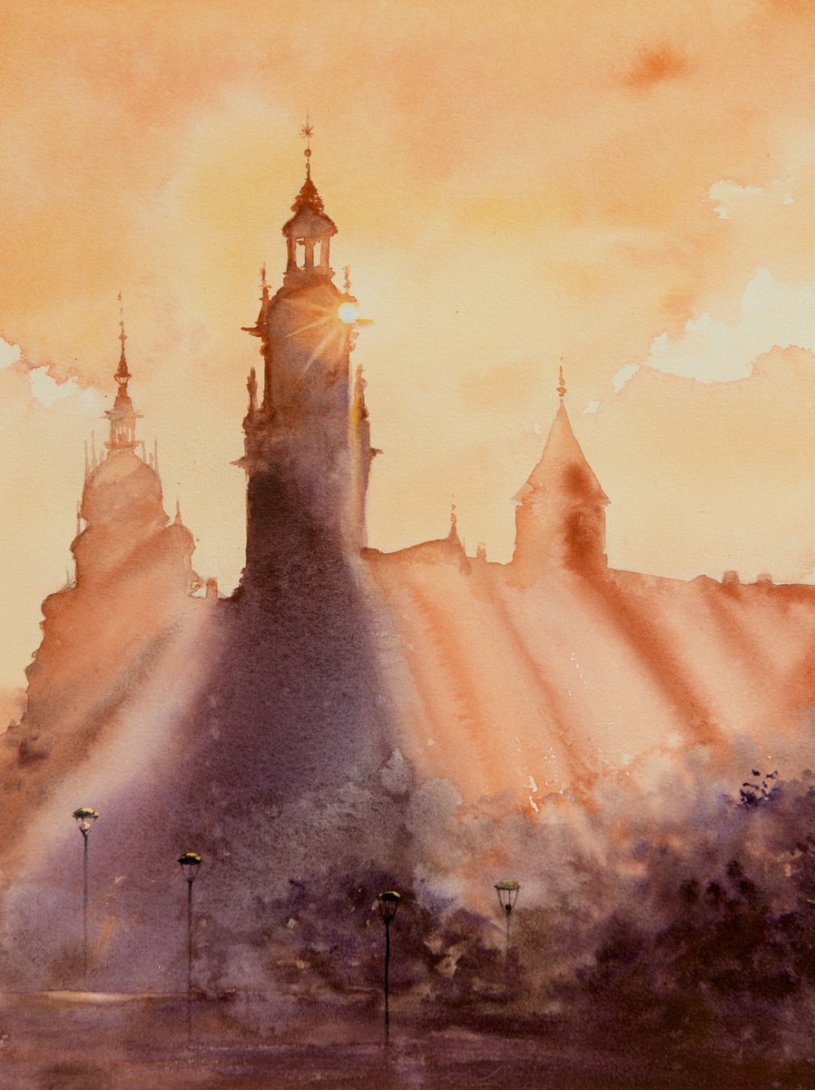 Impressionistic Cityscapes Watercolour By Eve Mazur, 12 X 16, Wawel, Krakow, Poland, Original Artwork