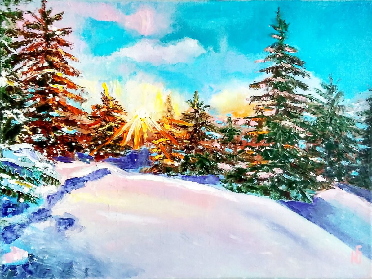 Fabulous winter, Pine Tree Painting Original Art Alaska Artwork Snowy Landscape Wall Art by Yulia Berseneva