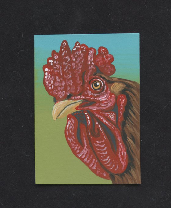 ACEO ATC Original Miniature Painting Rhode Island Rooster Farmyard Art-Carla Smale