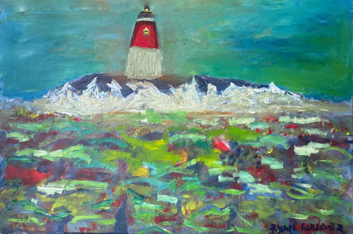 Abstract Landscape Oil Painting By Ryan Louder, 28 X 18", By The Lighthouse, Original Artwork