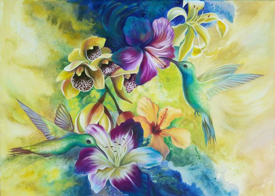 "Tropical splash", birds painting, floral flowers art