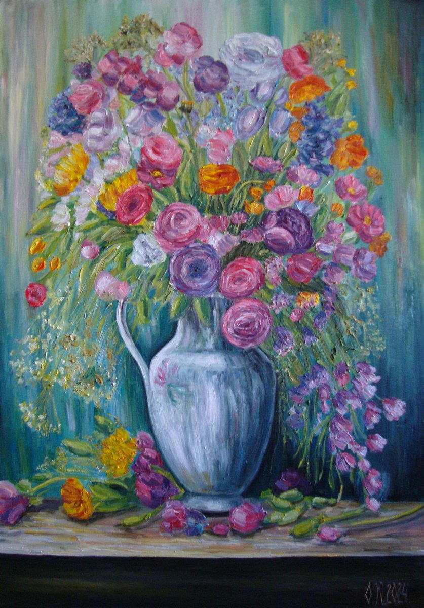Impressionistic Botanical Oil Painting By Olga Knezevic, 20 X 28", Flowers And Fairytale, Original Artwork