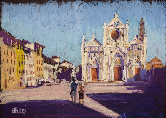 Florence. Santa Croce. Oil pastel painting. Original small light shadow decor interior travel gift