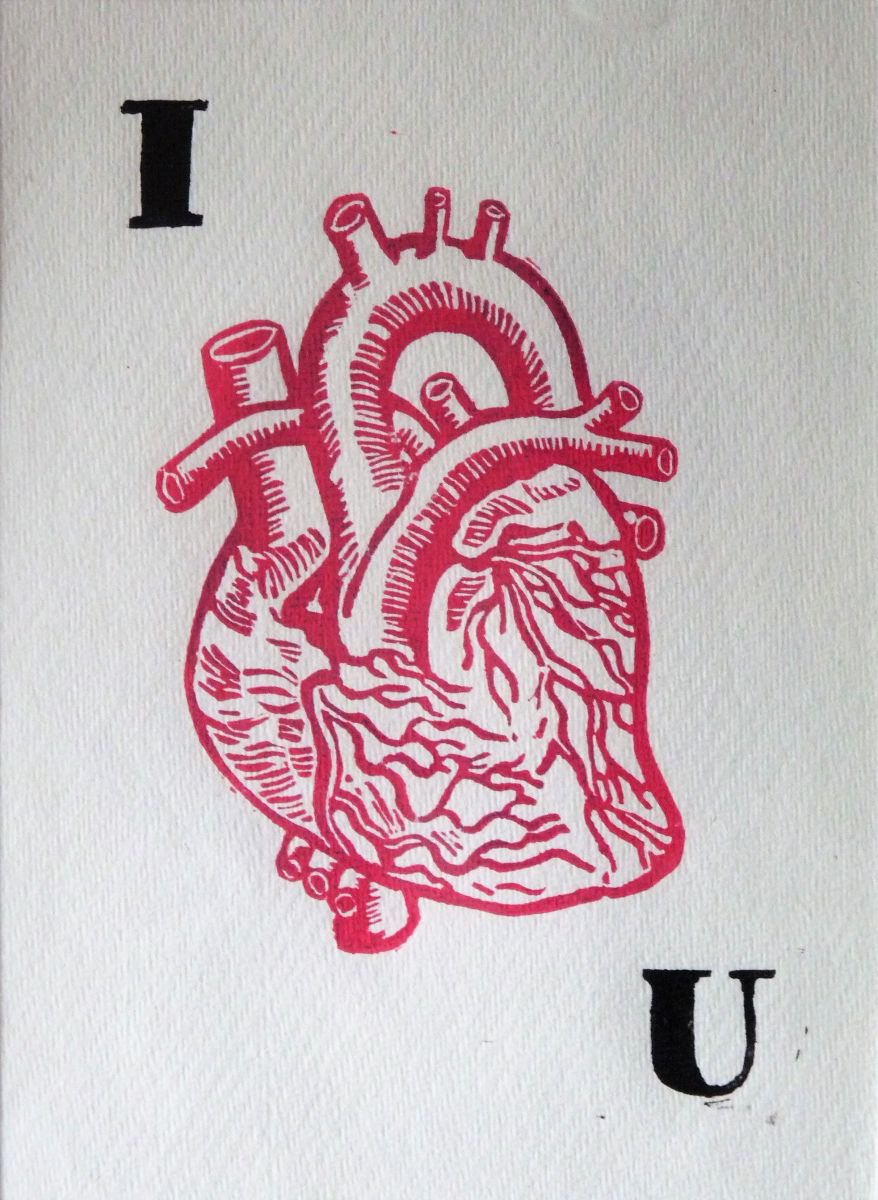 Abstract Linocut By Kaz Jones, 6 X 9", I Heart You, Original Artwork