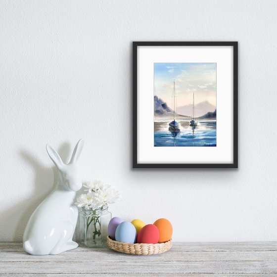 Sailing  boats at sunset watercolor  artwork, ocean painting, seaside  decor for bedroom , medium size, blue colors