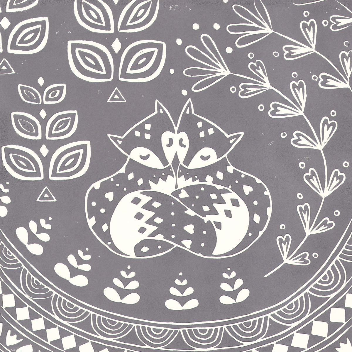 Daniel and Rosie Fox in grey, limited edition scandinavian folk art, linocut print by Katie Farrell