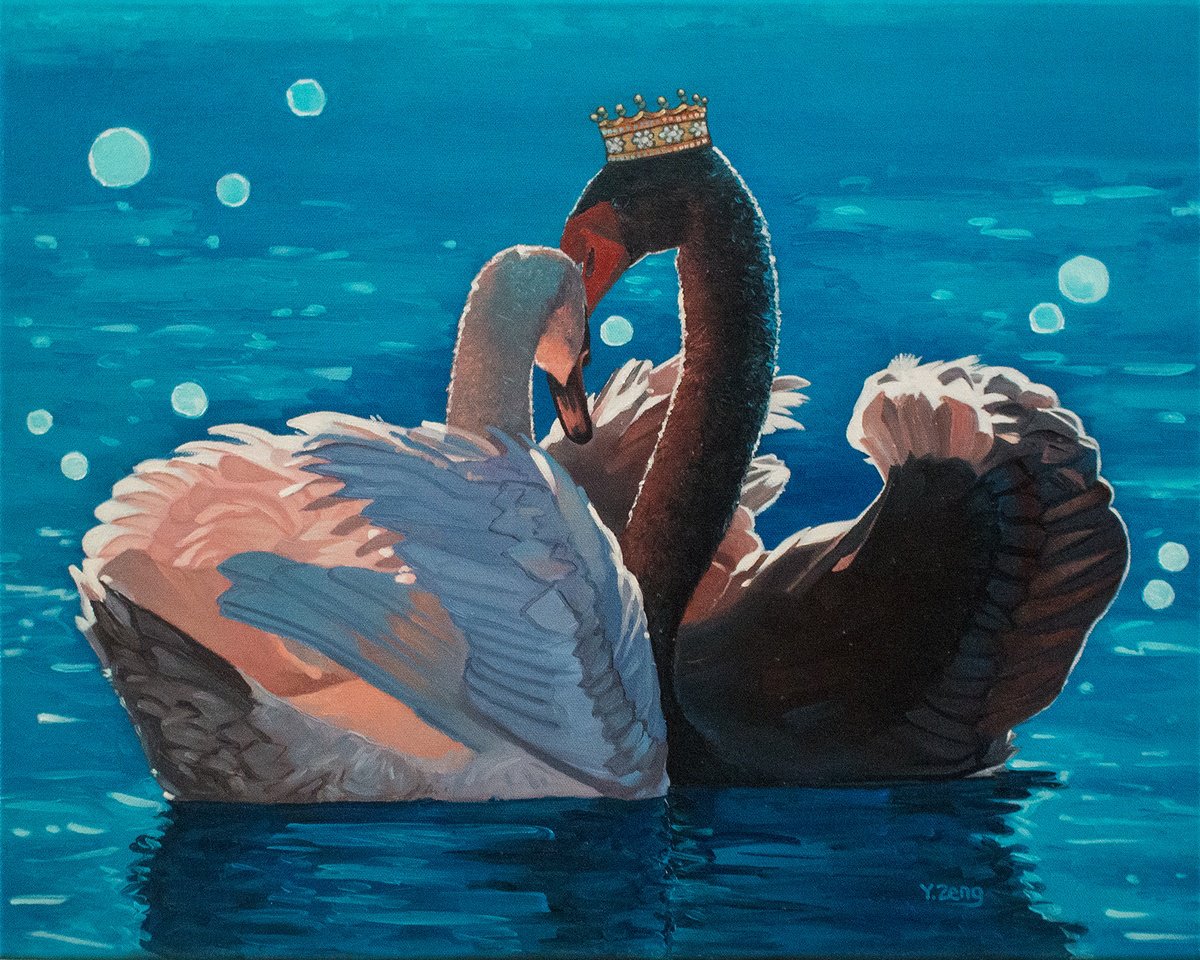 Surrealistic Animal Oil Painting By Yue Zeng, 20 X 16", Royal Couple Pair Of Swan, Original Artwork