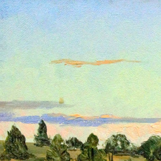 Sunset pond. Original canvas landscape