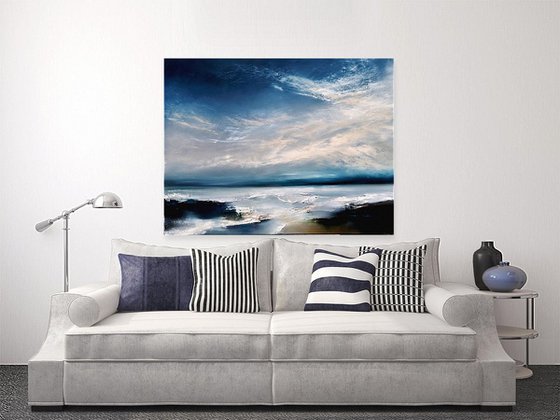 "The Prelude" abstract blue, white abstarct seascape painting 116cm x 89cm