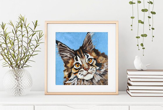 Cat Oil Painting Original Art Maine Coon Kitten Artwork Tabby Cat Portrait Pet Wall Art