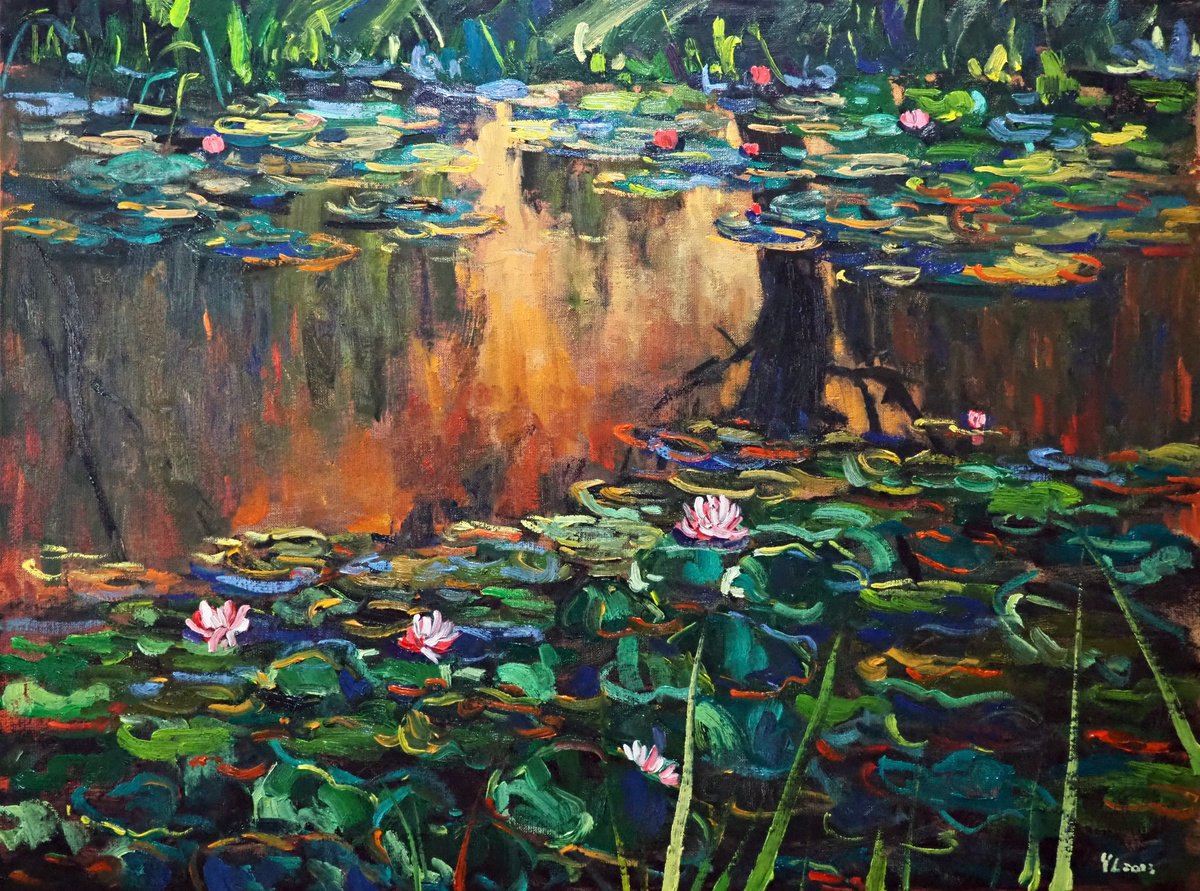 Impressionistic Landscape Oil Painting By Yuanyuan Liu, 31 X 24", Water Lilies, Original Artwork