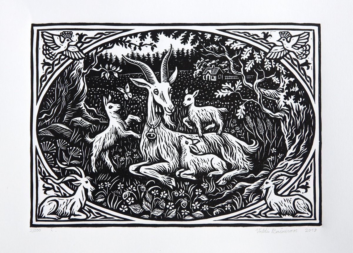 Goat Linocut Print by Valdis Baskirovs
