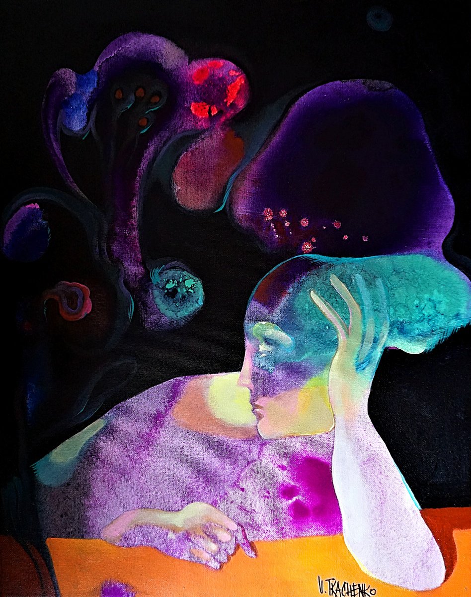 Organic Portrait Acrylic Painting By Victor Tkachenko, 16 X 20", Patio Lanterns, Original Artwork