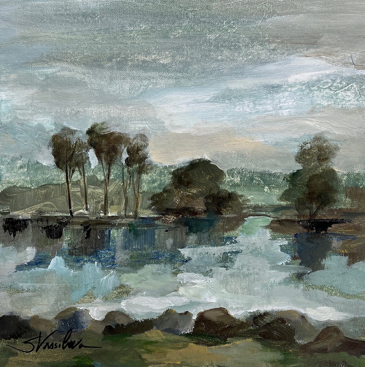 Impressionistic Landscape Acrylic Painting By Silvia Vassileva, 13 X 13", Green River I, Original Artwork